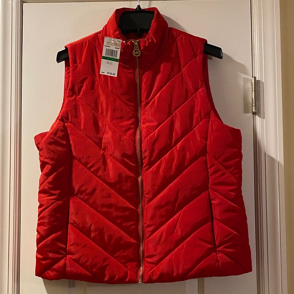 Michael Kors Red Crimson Gold Full Zipper Logo Puffer Vest NEW With Tags